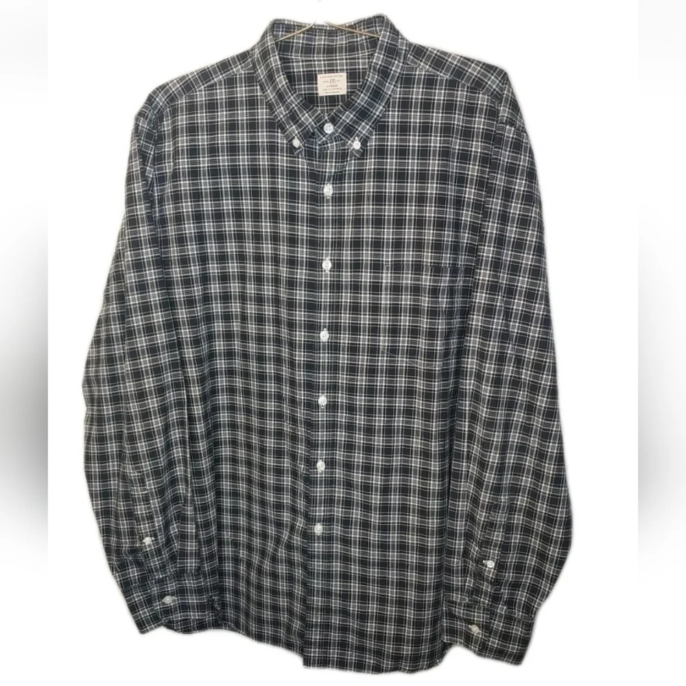 J Crew Oxford Shirt Men Sz XL 17/17.5 Black Plaid 2 Ply Cotton Preppy Vtg Y2k
